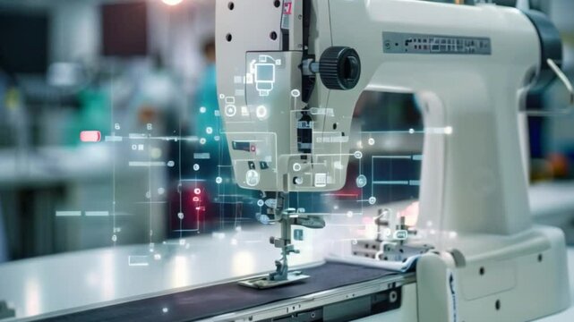 A close-up shot of a modern sewing machine with a digital interface displaying data and diagrams, situated in a factory setting.
