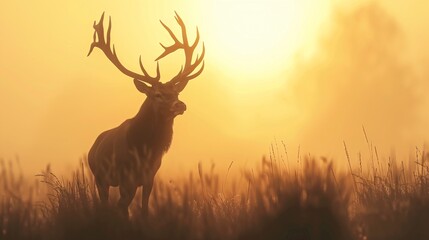 Obraz premium Silhouetted red deer stag enveloped in fog