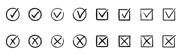 Check marks doodle set. Checkbox, checklist, tick and cross signs, v and x in sketch style. Hand drawn vector illustration isolated on white background © AnyaLi