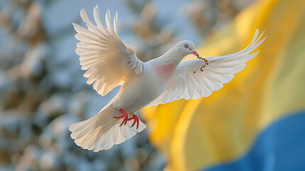 Obraz premium white dove pigeon with olive branch, Ukrainian, banner copy space, blue yellow. Day National Flag, Unity, Constitution, Statehood, Independence, Defenders Defendresses, Armed Forces Ukraine