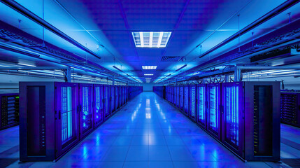 Obraz premium Landscape Photo of a Supercomputer, in a Data Center, with Cool Blue Lighting, from a Wide Angle, Conveying Power and Progress