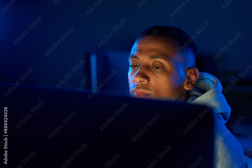 Poster night, black man or hacker phishing on computer for cybercrime, malware or stealing online data. pro