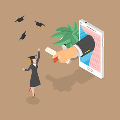 3D Isometric Flat Vector Illustration of Virtual Graduation Ceremony , Certificate of Digital Learning
