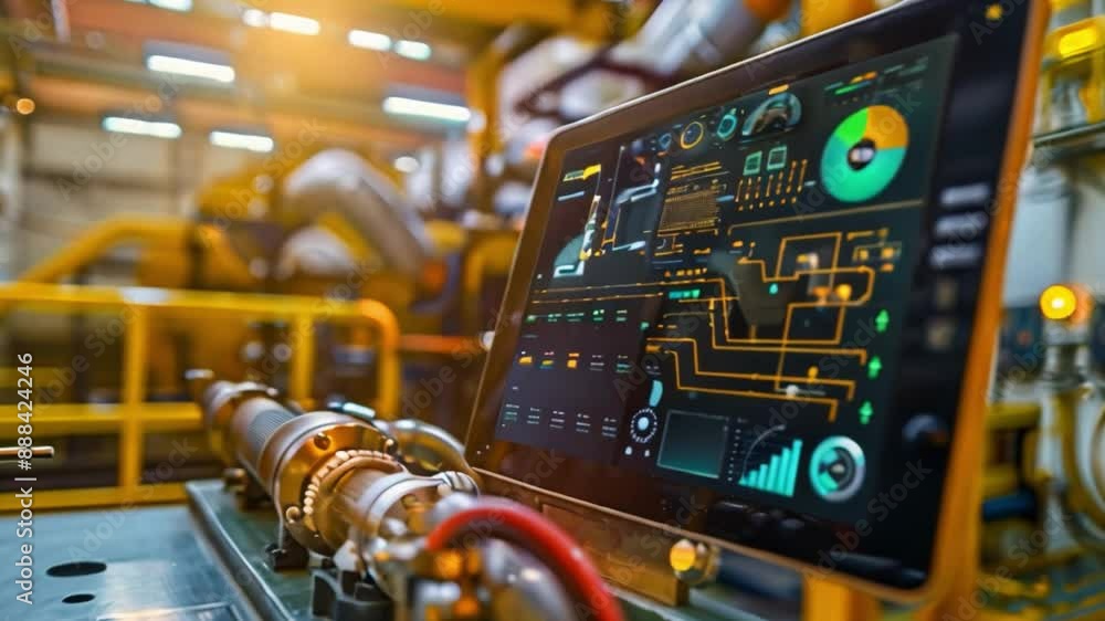 Poster a close-up view of a control panel monitor in an industrial setting, displaying process data with va
