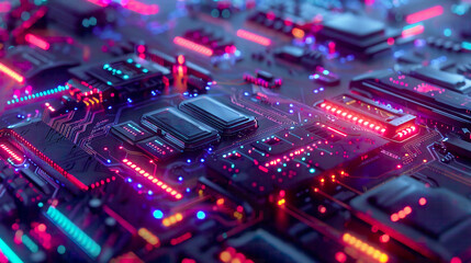 Obraz premium Sleek and futuristic depiction of technology and engineering showcasing minimalist design with intricate details against a background of glowing neon lights and digital displays