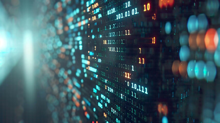 Still Life Photo of Binary Code, on a Computer Screen, with Soft Ambient Light, from a Side Angle, Signifying Digital Transformation and Evolution
