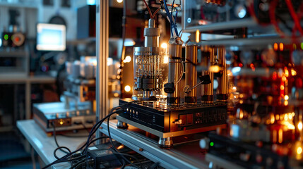 Still Life Photo of Quantum Computing Components, in a Research Laboratory, from a Still Life Angle, Emphasizing the Beauty of Technological Components