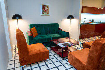 Fototapeta premium Hotel reception, sofas and armchairs in the waiting room