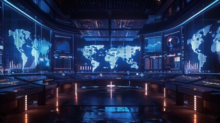 futuristic scenario of corporate finance management, shown as a command center with interactive financial maps