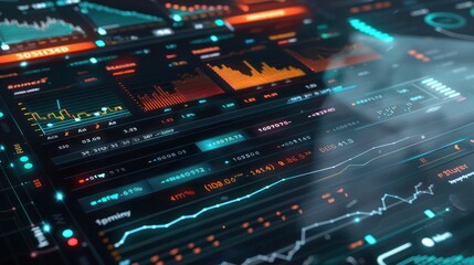 futuristic financial risk management console with interactive graphs on market risks and investments