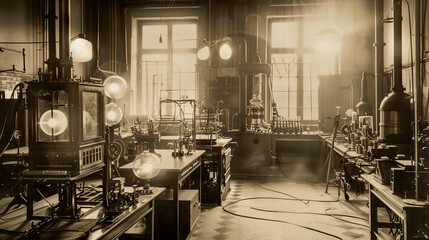 Vintage Photo of Early AI Experiments, in a Historical Laboratory, with Antique Lighting, from a Vintage Angle, Reflecting on the Beginnings of Artificial Intelligence