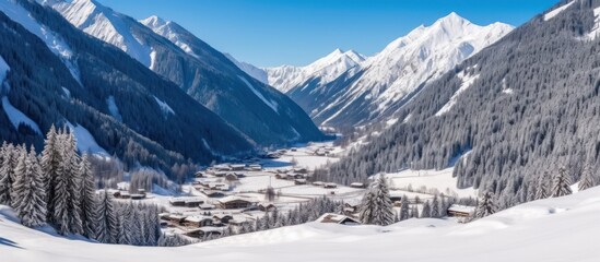 Snowy Mountain Valley Village in Winter