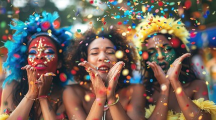 Brazilian carnival. Young women in costume enjoying the carnival party blowing confetti