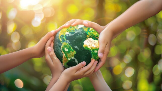 Three people holding a globe in their hands. The globe is green and has a blue and white design. The people are smiling and seem to be happy. Concept of unity and togetherness