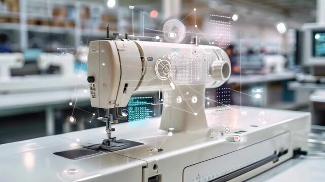 A close-up shot of a white industrial sewing machine with a digital overlay in a modern factory setting. The machine is in focus, while the background is blurred.