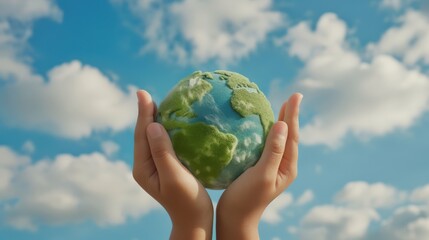 A rainbow is above a person holding a globe. Concept of hope and unity, as the rainbow and the globe symbolize the interconnectedness of the world and the importance of taking care of our planet