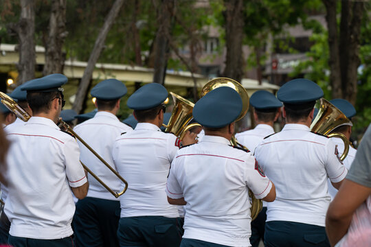 The police choir playing during the march