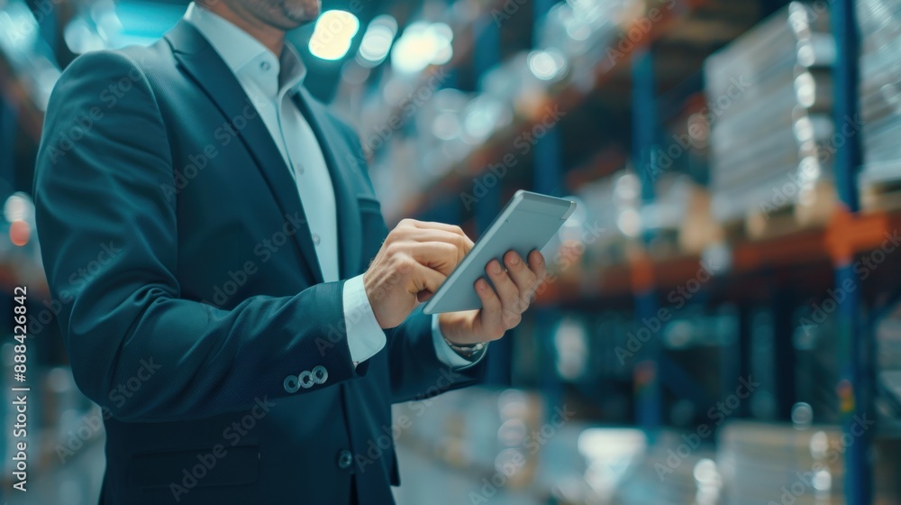 Poster a man is holding a tablet in a warehouse. he is pointing at something on the screen. concept of prod