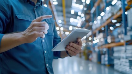 A man is holding a tablet in a warehouse. He is pointing at something on the screen. Concept of productivity and efficiency, as the man is using technology to manage tasks in a warehouse setting