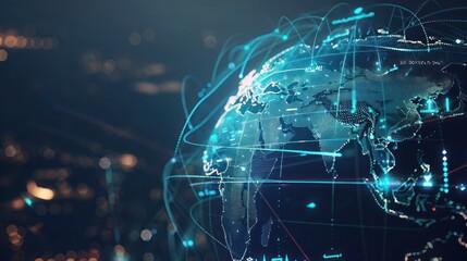 digital globe with financial hubs highlighted, showing real-time capital flows across continents