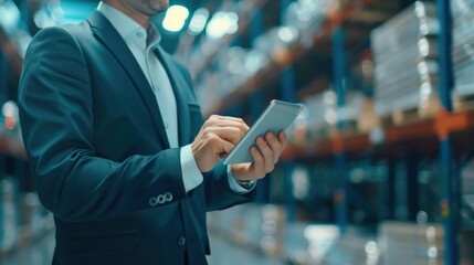 A man is holding a tablet in a warehouse. He is pointing at something on the screen. Concept of productivity and efficiency, as the man is using technology to manage tasks in a warehouse setting