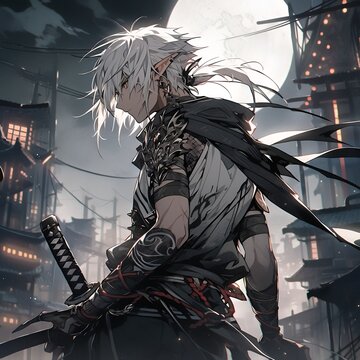 Moonlit Cyberpunk Elf Samurai: Futuristic Warrior with Tattoos and Katana