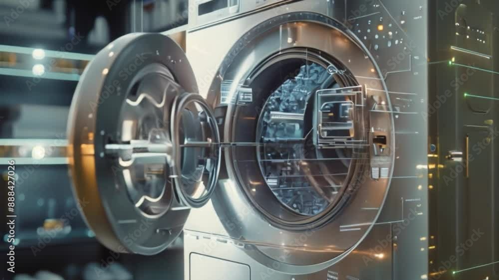 Poster a futuristic washing machine with a sleek design and transparent digital interface displaying contro