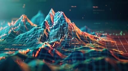 digital financial mountain range, where peaks and valleys represent the highs and lows of market trends over time