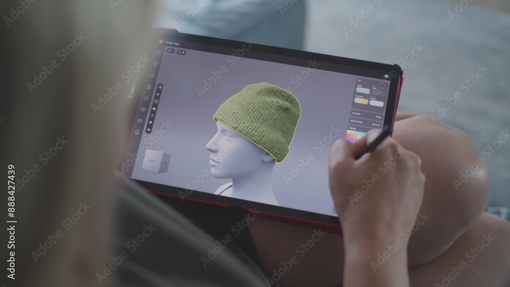 Poster woman draws and creates clothes in 3d modeling design application using digital tablet and stylus. c
