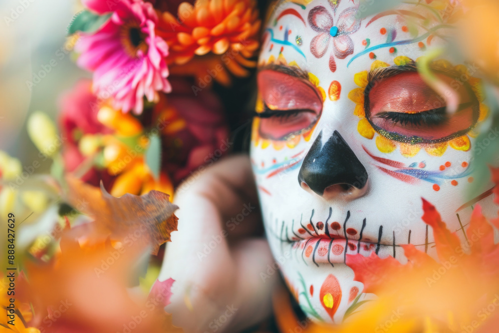 Wall mural Face with Day of the Dead makeup and floral decor