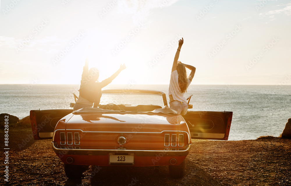 Wall mural friends, woman and freedom in car at ocean with sunset, scenery and travel adventure with mockup spa