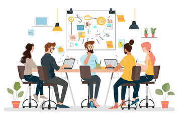 A group of people are sitting around a table with a whiteboard behind them, generative ai image.