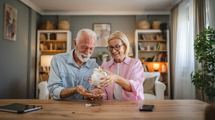Senior couple count money from the piggy bank and save money together