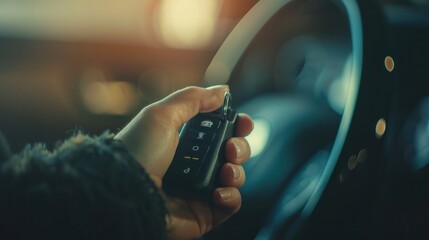 Hand holding a car key fob with blurred interior in the background