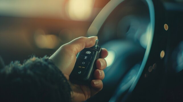 Hand holding a car key fob with blurred interior in the background