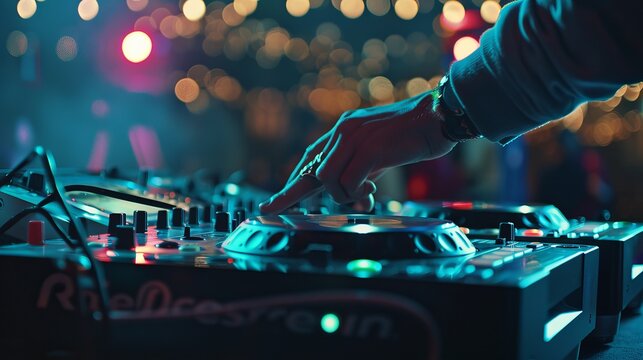 A cool DJ is spinning tunes on high-quality CD players at a lively club party. The music is electronic dance music, which creates a fun and energetic atmosphere.