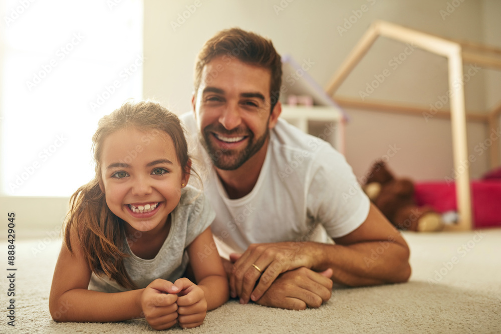 Poster Father, girl and portrait in home with teddy bear, happiness and smile together or bonding on floor. Family, bedroom and stuffed animals or toys with man, love and care for relationship in apartment