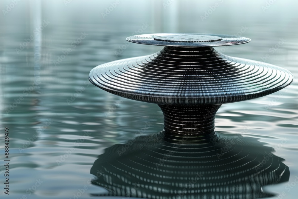Poster modern architectural design of a circular structure in a calm reflective water setting emphasizing m