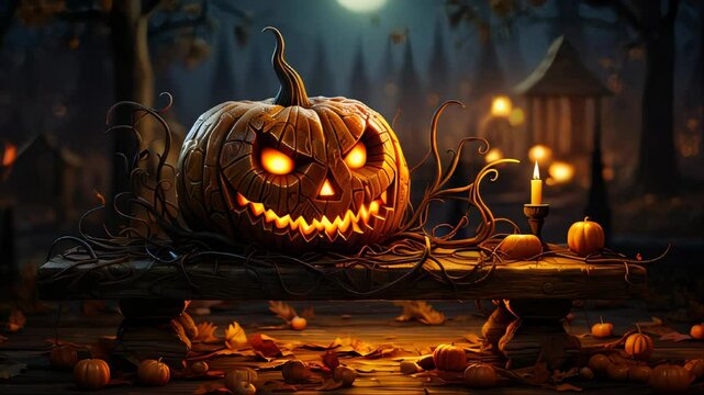 Orange large pumpkin with a carved scary face for Halloween