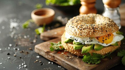 Seeded bagel sandwich with avocado, egg, and greens on wooden board