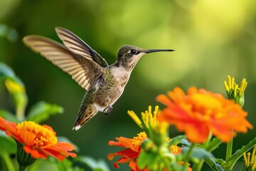Hummingbird in Flight Near Orange Flowers