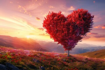 Heart-Shaped Tree at Sunset Over Mountains