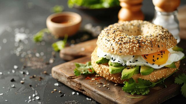Seeded bagel sandwich with avocado, egg, and greens on wooden board