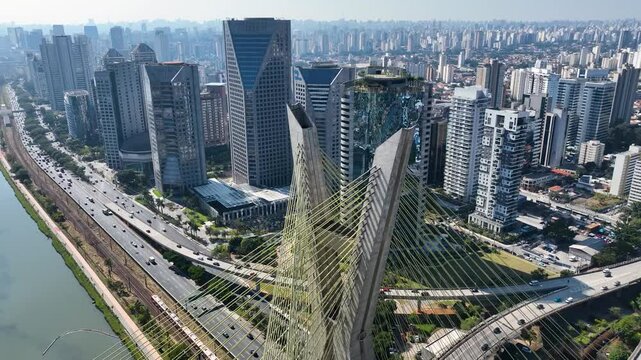 Cable Bridge At Sao Paulo Brazil. Breathtaking Aerial View Of Time Lapse Drone Footage. Industrial Skyline Panoramic City View Vibrant. Industrial Cityscape. Sao Paulo Brazil.