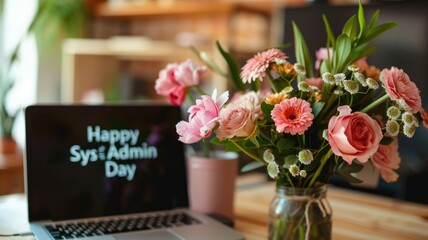 Laptop and flowers on desk, "Happy Sys Admin Day" screen