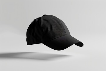 Minimalist black baseball cap floating on a white background