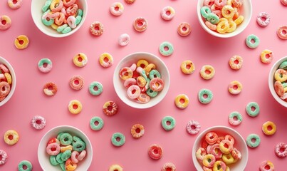 Fototapeta premium A row of colorful cereal pieces are arranged in a line.