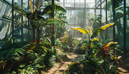 Fototapeta premium A forest where trees and plants grow behind glass and Sunlight is reflected in the leaves. Generative AI