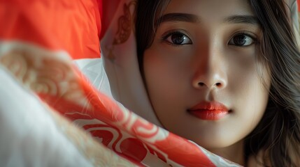 portrait of young beautiful asian woman with indonesian flag. independence day