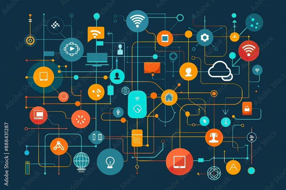 Poster a colorful image of a network of technology icons and symbols